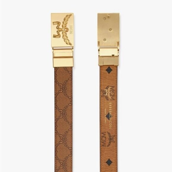 New Authentic MCM Garland Plaque Buckle Print Belt in 24K Gold Plating - Picture 12 of 12